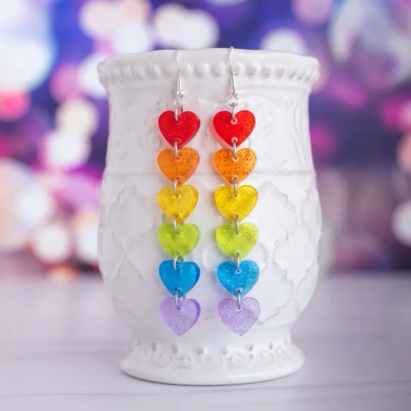 Pride Rainbow Glitter Jelly Six Heart Drop Dangle Earrings