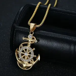 MaxBling81 High-Polished Stainless Steel Anchor Pendant Necklace, Iced CZ Accents, 24" Rolo Chain, Hip Hop Celebrity Style Costume Jewelry for Everyday Wear