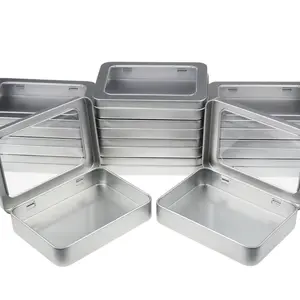 12-Pack Classic Eco-Friendly Lightweight Rectangle Metal Storage Box Organizer Tins with Clear Window Hinged Lids, 4.5x3.3x0.9in Silver, for Small Items, Craft Projects