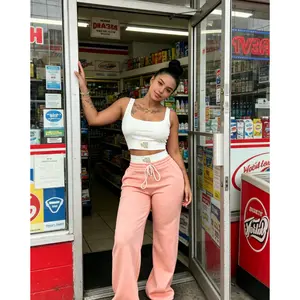 New Drop!European - American Style Cross - Border Trendy Color - Blocked Double - Waistband Layered Loose Street - Style Athletic Casual Trousers Two - Piece Set For Women
