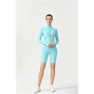 ROROlemon 2-Piece Workout Set, Gold Zipper Cropped Jacket   High Waist 5 Inch Biker Shorts