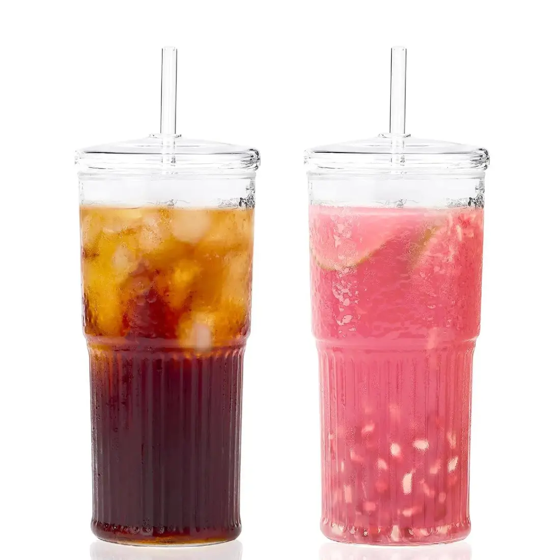 2pcs 710ml/24oz High Borosilicate Glass Coffee Cups with Straws, Vintage Drinking Glass Matcha Cups Clear Aesthetic Glassware for Water, Soda, Tea, Soda, Juice, Coffee, Milk, Matcha, Perfect Gift
