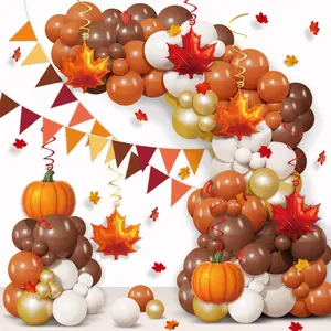 Fall Thanksgiving Decorations Balloon Garland Arch Kit Orange Brown Coffee Balloons Hanging Swirls Triangle Flag for Autumn Little Pumpkin Baby Shower Birthday Party Supplies