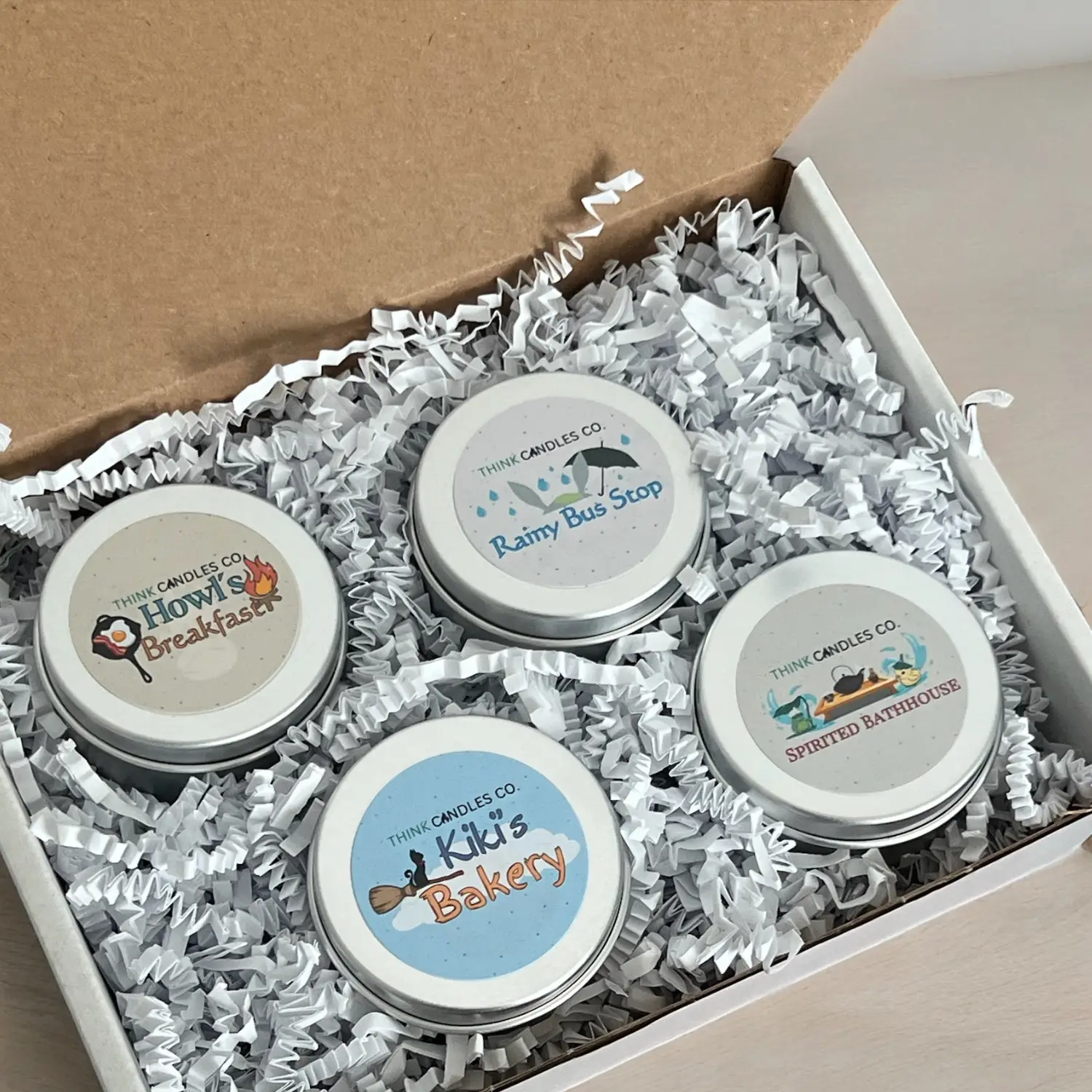 Japanese Anime Films Sample Pack Bundle | Howl's Breakfast, Kiki's Bakery, Rainy Bus Stop & Spirited Bath House 2 oz Sample Tin Bundle