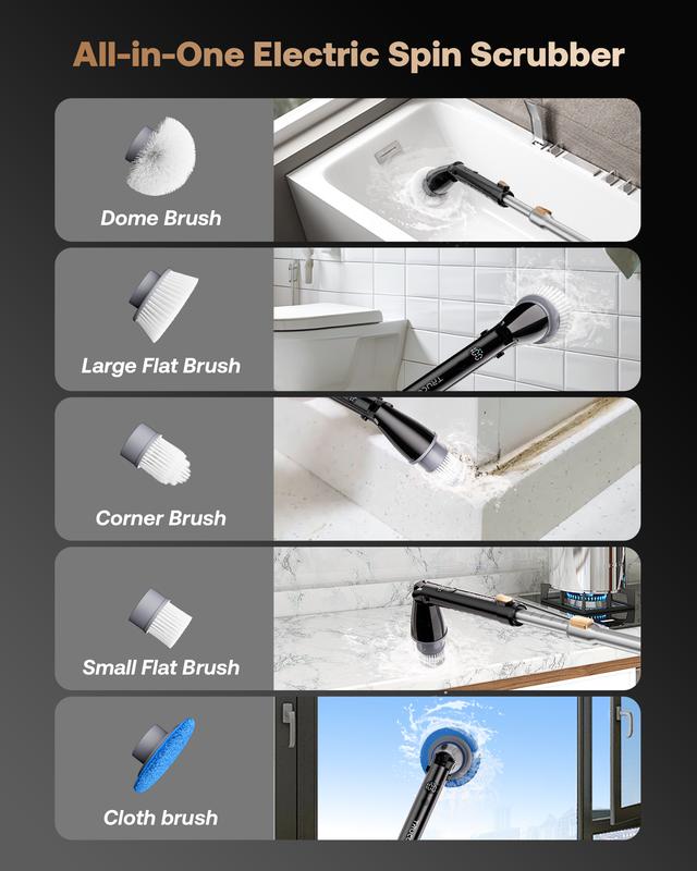 Trucozie Electric Spin Scrubber, Cordless Cleaning Brush with 440RPM/90Mins Runtime, 3 Adjustable Angles&Sizes, 6 Replaceable Brush Heads, 2 Speeds for Bathroom Glass, Car Cleaning, Bathtub, and Shower