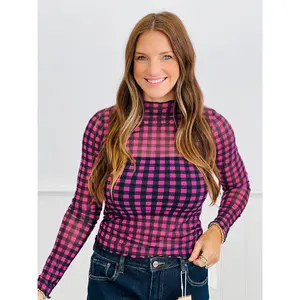 Pink/Black Gingham Print Mesh Top (Reg. and Plus)