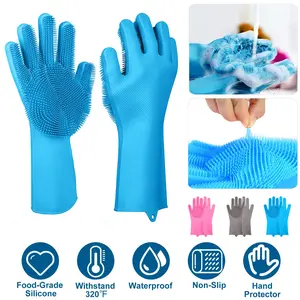 1 Pair Magic Silicone Brush Dishwashing Gloves Cleaning Sponge Pet Scrubber Heat Resistant Wash Gloves,summervibes