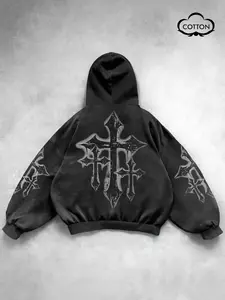 Men's Hooded Sweatshirt, Fitted, Cotton Material, Vintage Cross Design, Gothic Street Style, Perfect for Unique