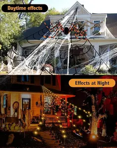 150 LED 23ft Triangular Spider Web with 60" Black and Orange Giant, for Outdoor, Yard, Balcony, and Halloween Party Decor