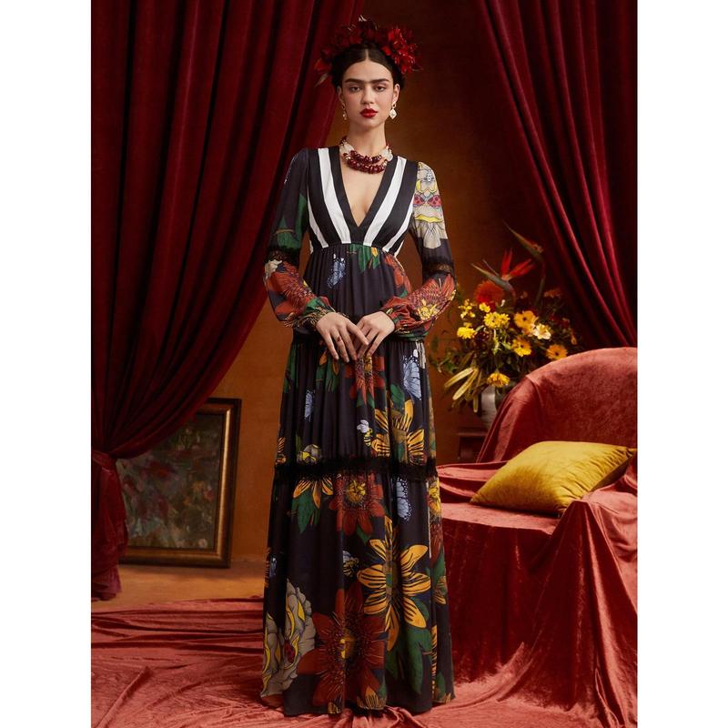 Frida Kahlo X SHEIN X Designer ISELACOS Floral Print Plunging Neck Lace Insert Dress Designer Elegant Dress, Fall Women Dress, For Autumn, Holiday, Party, Thanksgiving, Birthday Outfits, Spring, Festival