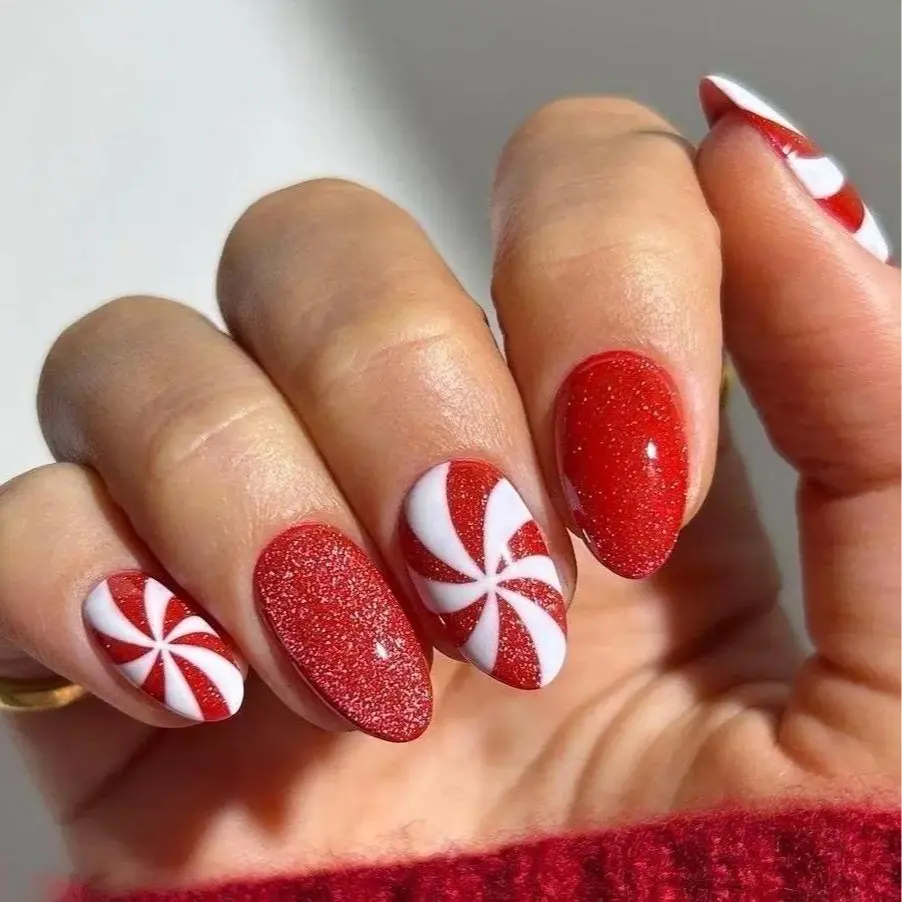 Red And White Christmas Nails, Candy Swirl Peppermint Design, Glitter Holiday Manicure, Festive Xmas Nail Art