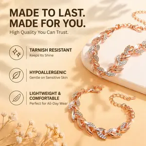 Rose Gold Jewelry Set for Women – Twisted Chain Necklace & Bracelet with Sparkling Rhinestones | Elegant Luxury Design, Adjustable Fit, Lightweight & Comfortable | Perfect Gift for Wife, Girlfriend, Mom for Birthday, Anniversary, Valentine’s Day