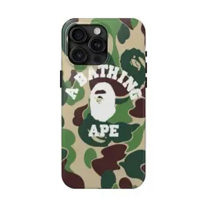 Bape A Bathing APE camouflage phone case, durable accessory, suitable for iPhone 17, 16, 15, 14, 13, and 12, glossy finish.
