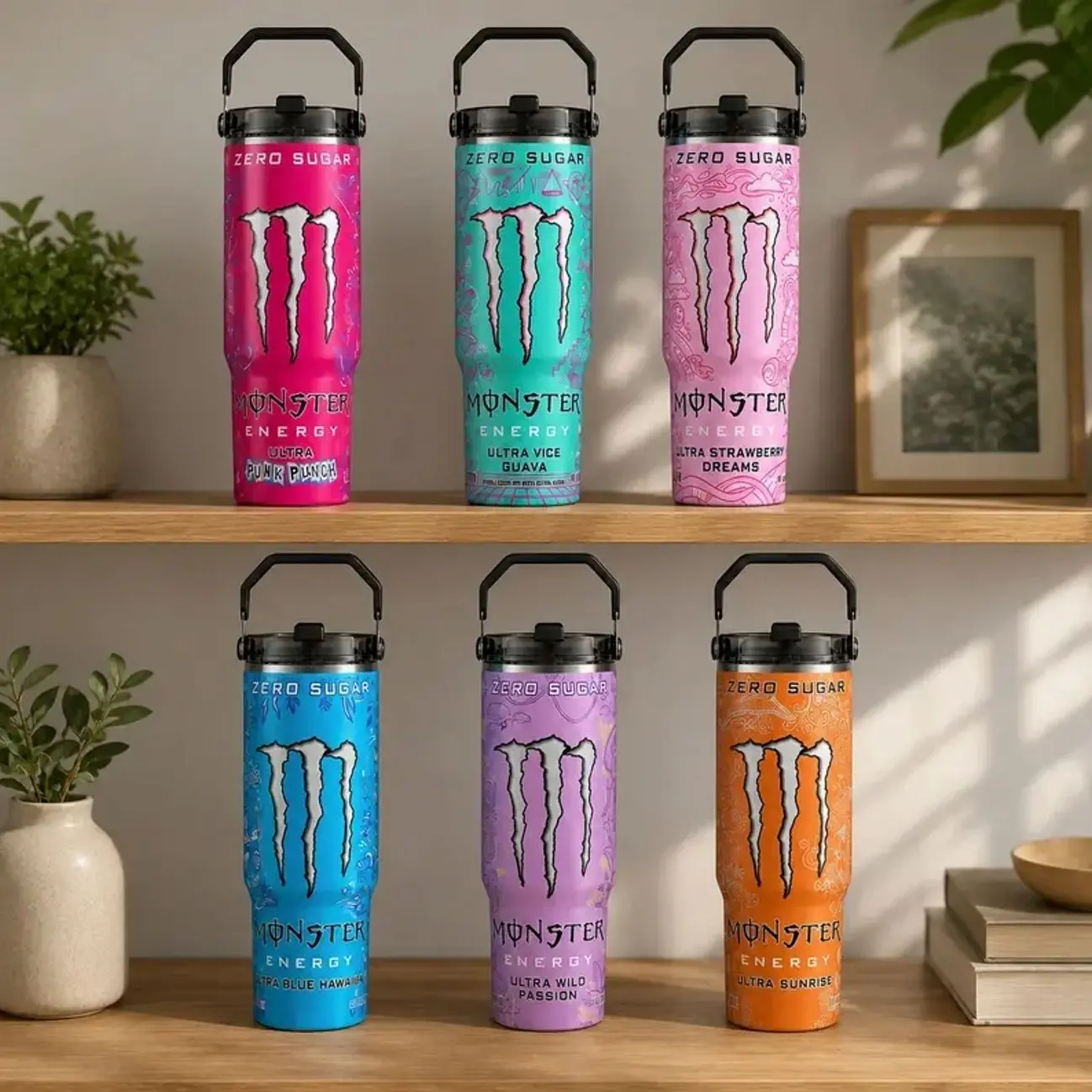 Mon Energy Drink Inspired 30oz Stainless Steel Tumbler with Handle – Double Wall Vacuum Insulated Travel Mug, Reusable Hot & Cold Drinkware, Fitness & Gamer Fan Gift