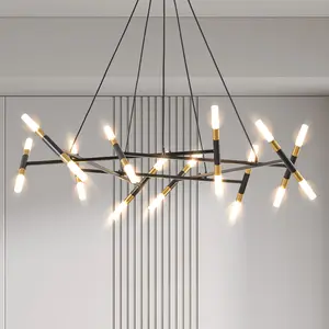 41" Black & Golden Modern Chandelier Light Fixture, Branch Design with Frosted Tubes, Black Cords, Adjustable Height Pendant Light for Dining Room, Living Room, or Kitchen Island (Bulb Not Included)