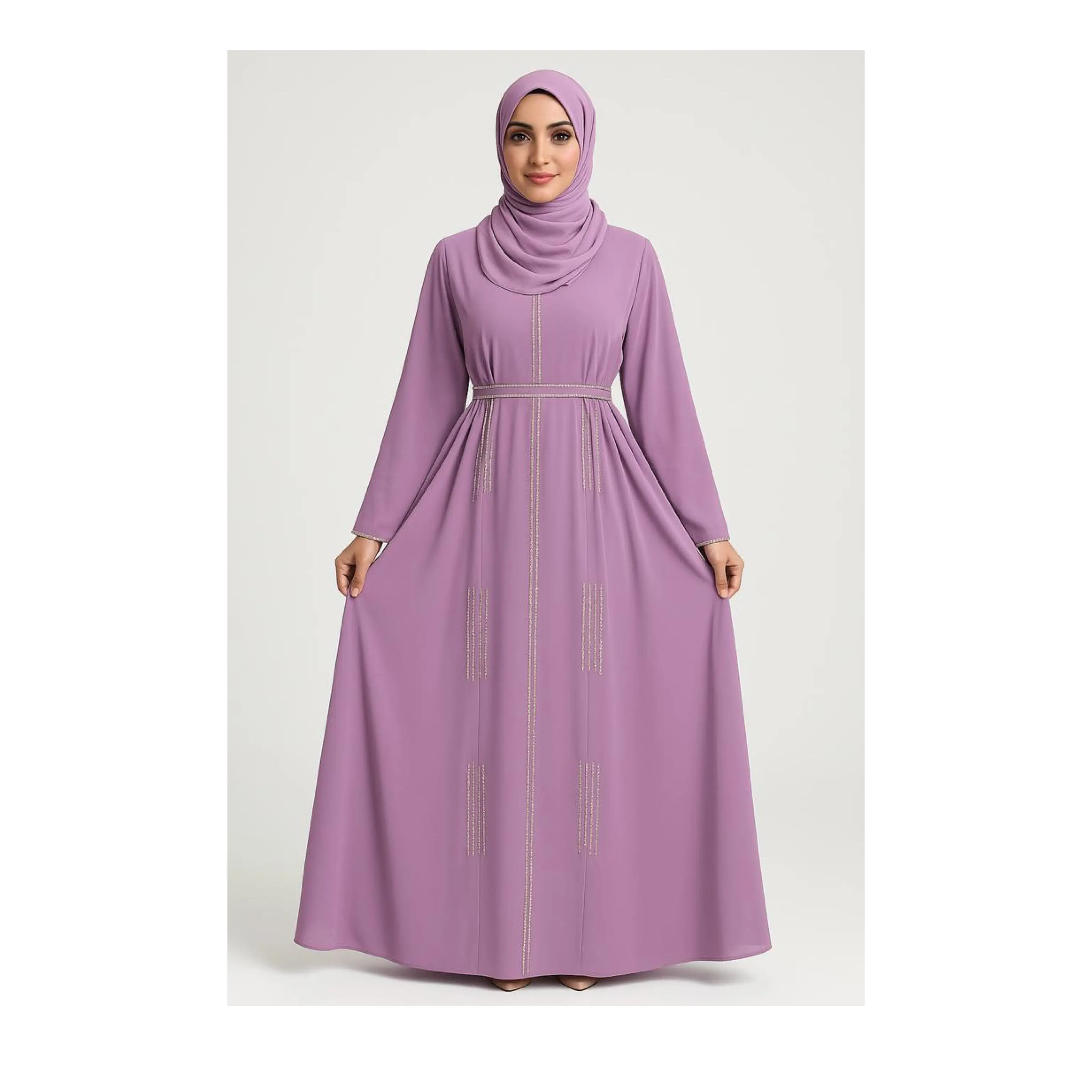 Dubai Abaya in Peach/Pink & Brown Silk-Cotton Blend with Silver Rhinestone Pattern Hand Wash Only Comfortable & Elegant Design