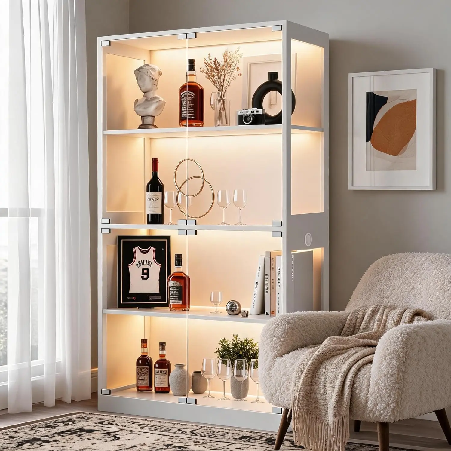 Display Cabinet with Glass Doors, 4 Tier Curio Cabinets with LED Lights & Charging Ports, Glass Display Case with Open Shelf & Human Body Sensor, Storage Showcase for Collectibles