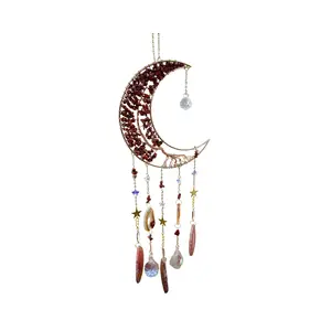 Medium Crescent Moon Dreamcatcher with Red Agate, Copper Wire & Crystal Strands
