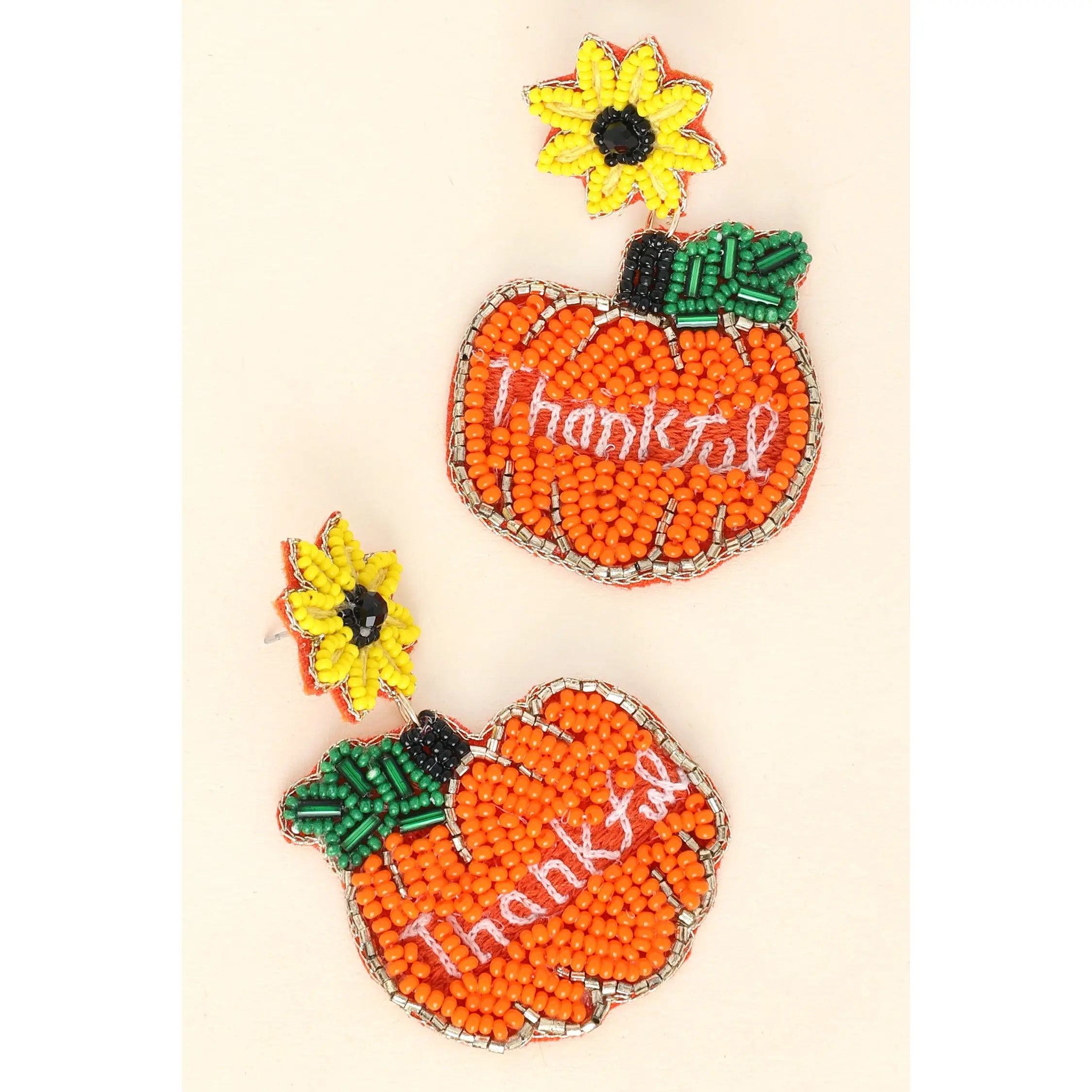 Women's Beaded Pumpkin Dangle Earrings, Gold Trim, 'Thankful' Script, Sunflower Post, Unique Beaded Fall Festive Jewelry, Green Leaf Accent, 2.5" H 1.5" W, Choking Hazard Small Parts