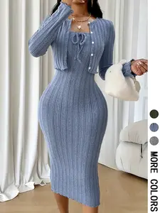 Women's Casual Striped Texture Halter Dress Set with Short Jacket Top, Two-Piece for Spring & Fall Fashion Womenswear
