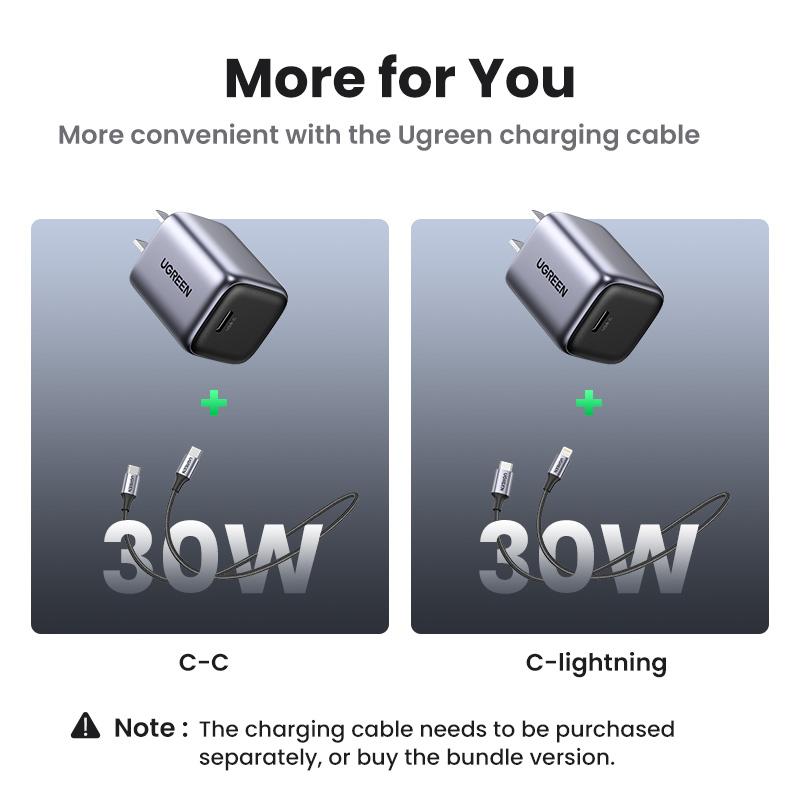 UGREEN Nexode 30W PD Fast Charging GaN Charger Bundle with 3.3FT Type-C/MFi Lightning Charging Data Cable, USB C Charger Set for iPhone 15/14/13, Galaxy and More Mobile Electronic SmartphoneTikTokShopBlackFriday ,TikTokShopHolidayHaul