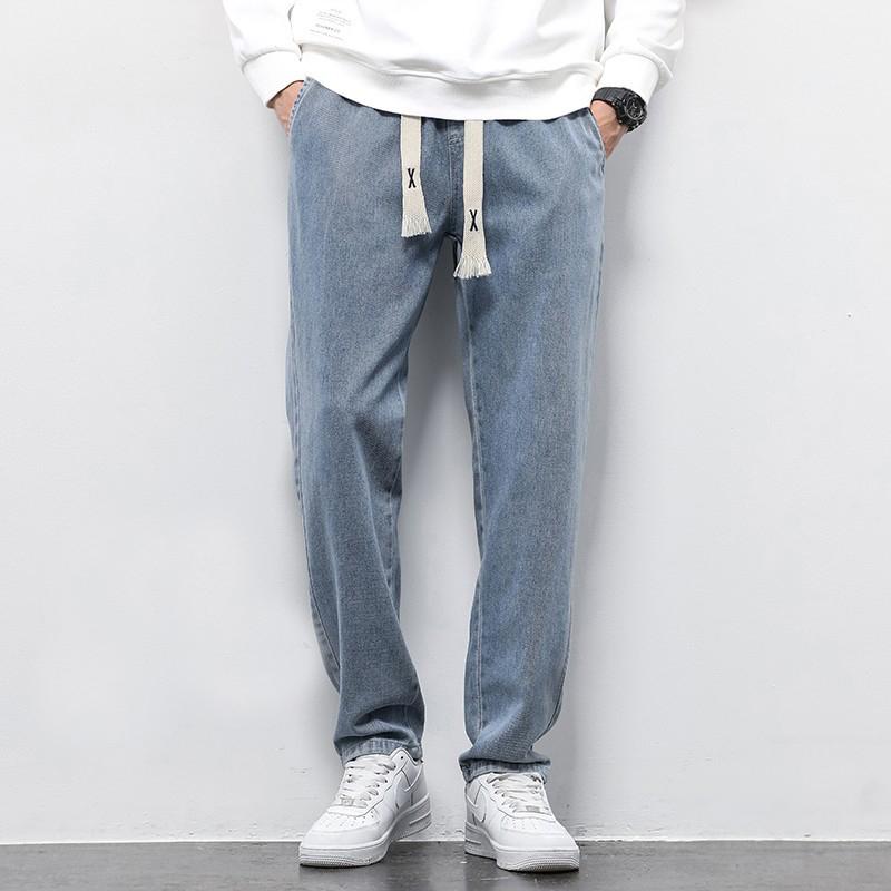 Summer Loose Wide Leg Jeans Pants Men Fashion Drawstring Elasticated Straight Trousers