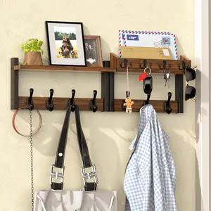 29'' Rustic Coat Rack Wall Mount with Shelf, Solid  Coat and Key Hanger with 11 Metal Hooks, Farmhouse Wall Organizer for Mail, Entryway Wall Hangers for Hats, Clothes, Backpacks, Mudroom