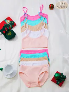 10-Piece Cute Girls Seamless Tank Top Bra + Triangle Panty Set, Simple Basic Solid Color Casual, Comfortable for Ages 7-14, All Seasons, Underwear Sets