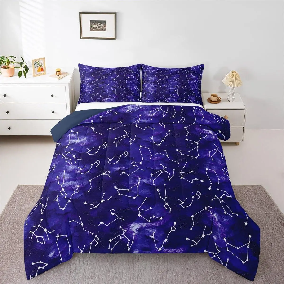 Galaxy Comforter Set,Constellations Zodiac Bedding Set for Kids Boys Girls | Purple Nebula Comforter Astrology Starry Sky Duvet Insert with