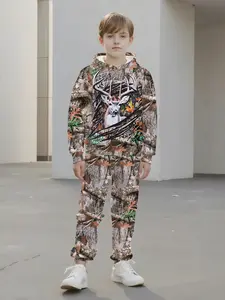 Forest Deer Camo Kids Hoodie Set, Outdoor Hunting Style Two-Piece, Casual Slim-Fitting, Random Print, Spring & Fall Wear