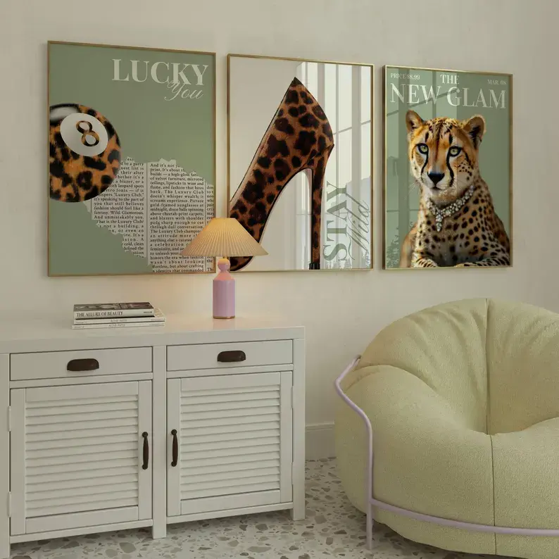 Sage Green Leopard Wall Art Set - 3 Girly Poster Prints for Stylish Bedroom Decor