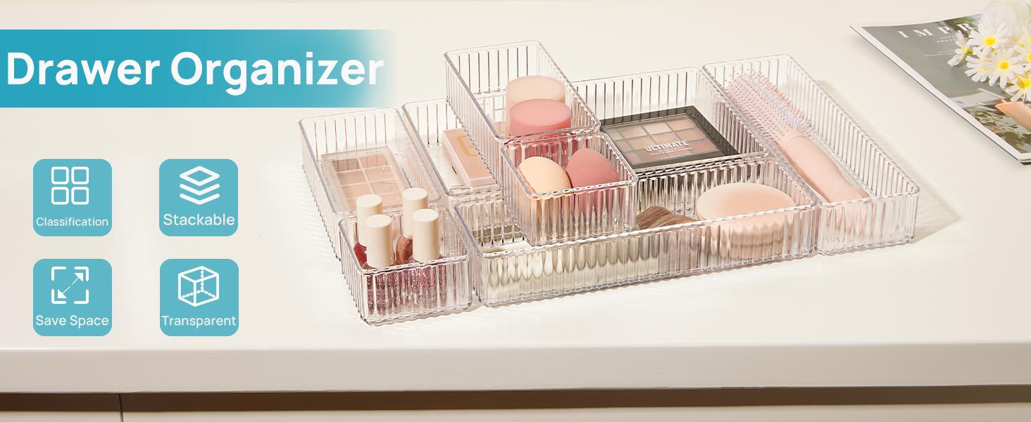 RaybeeFurniture 7-9 PCS Clear Drawer Organizers Bins, 4 Sizes Stackable Acrylic Makeup Drawer Organizer for Bathroom, Vanity, Kitchen, Office, Bedroom, Storage Trays for Cosmetics, Skincare, Jewelry, Gadgets, Home Organization, Must-Have for Small Spaces