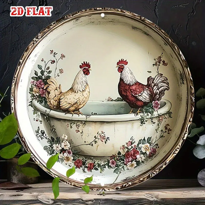 Vintage Rustic Metal Wall Decor, Home Decor Products, Rooster and Bathtub Design, Round Iron Sign, Home, Garage, Holiday Decoration, Durable, Easy Install, Wall Metal Plaque, Rustic Farmhouse Design