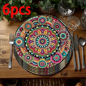 Set of 4/6 Vintage Bohemian Style Art Color Mats with Abstract Patterns – Vibrant Multicolored Circles, Suitable for Festive Occasions And Everyday Kitchen Use