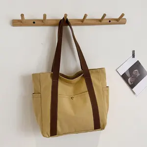 Multi-Pocket Canvas Tote – Large Capacity Shoulder Bag for School, Work, or Everyday Use