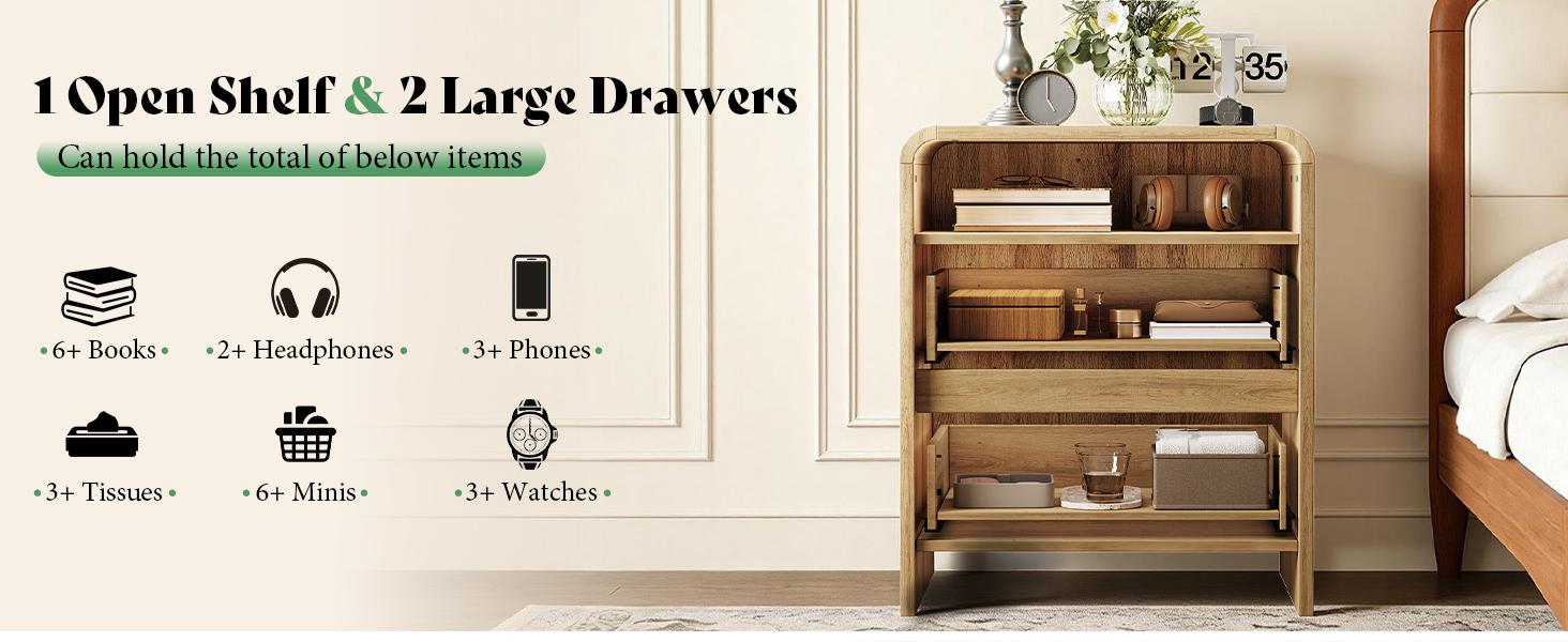 AMERLIFE 2 Different Style Modern Night Stand with Storage Drawer & Open Shelves, Small Nightstand & Bedside Table with Open Shelf, Curved Profile Design & Pine Handles, Wood End Table for Bedroom, Living Room,