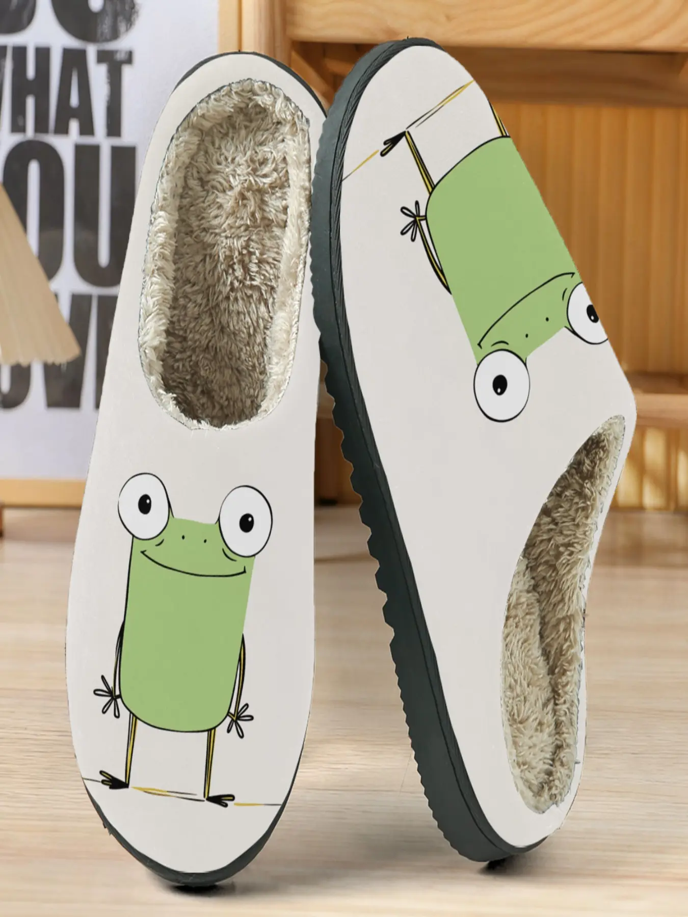 Cute Cartoon Frog Cotton Slippers, Bottom Frog Design, Plush Lining, Casual Home Wear, Fall & Winter Comfort