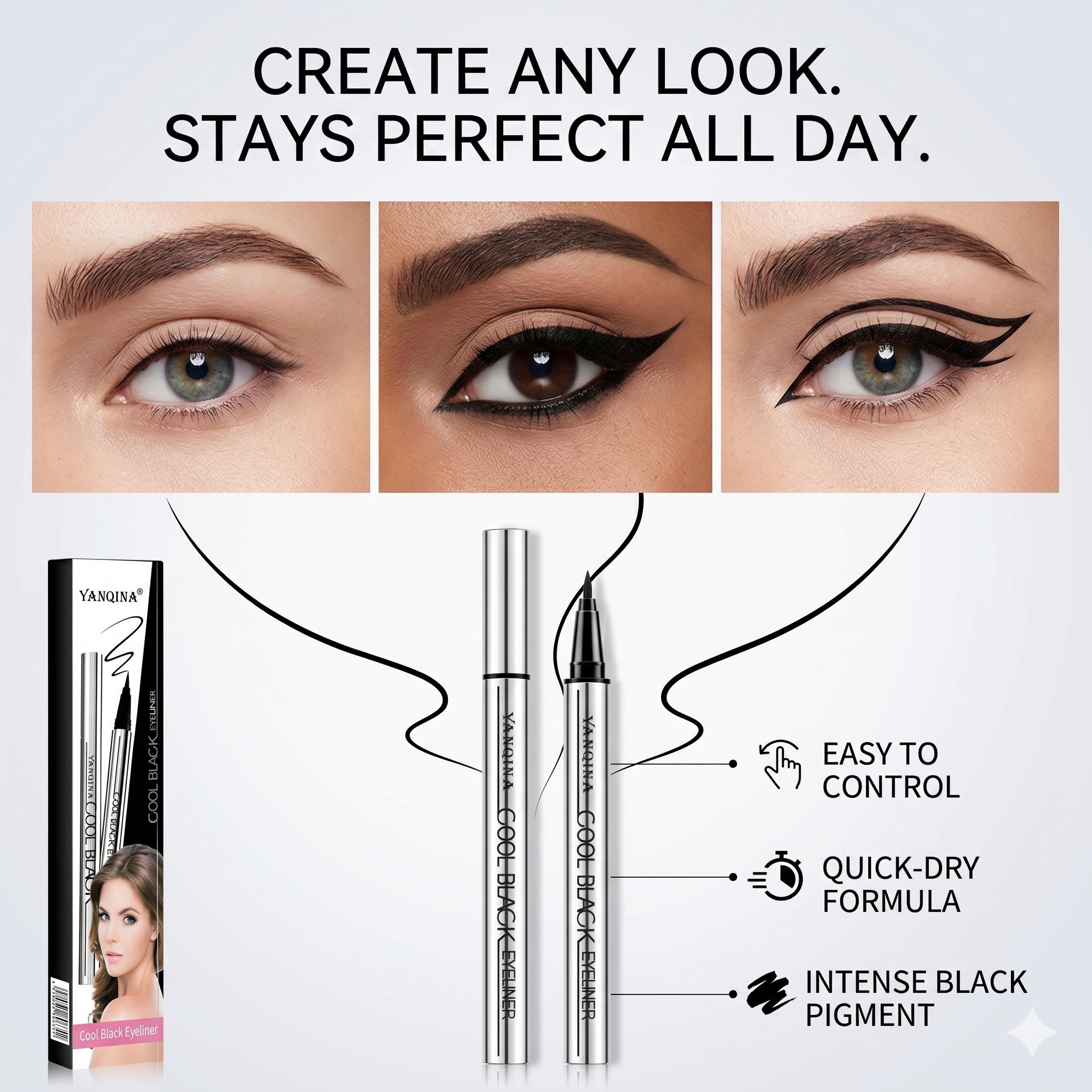 Yanina Cool Black Eyeliner Pen - Long-lasting 24-hour Smooth Application, Lightweight, Waterproof, Vegan, Cruelty-free Makeup Tool