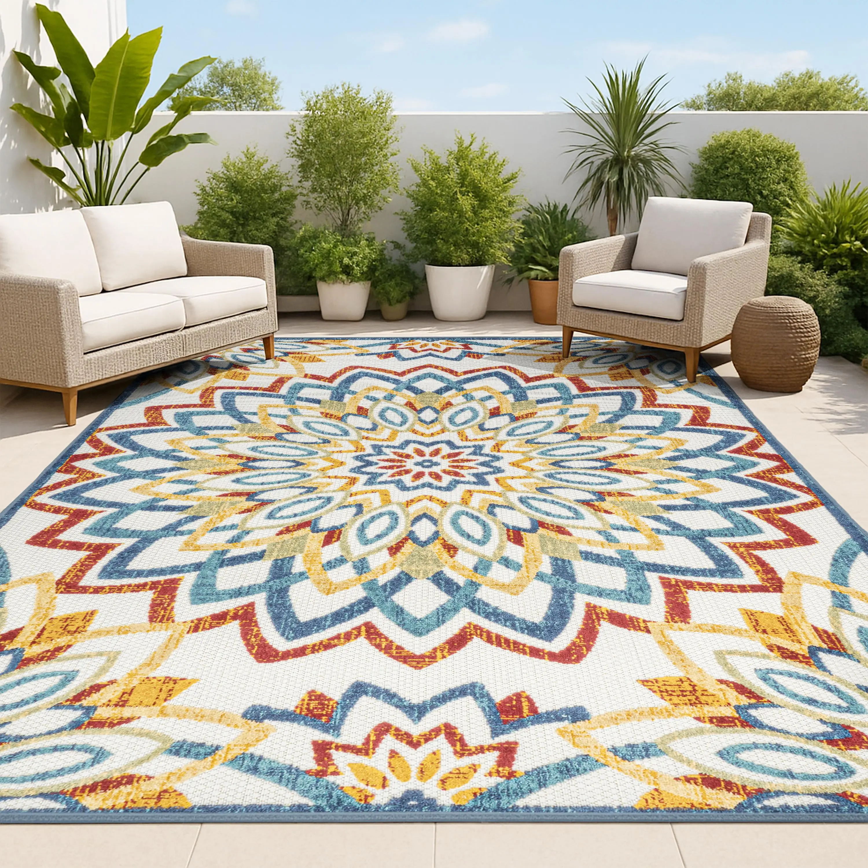 JONATHAN Y Flora Abstract Bold Mandala High-Low Indoor/Outdoor Home Decor Rug - Bohemian Style, Cottage, Decorative, Low Pile Rug for Living Room, Patio, Bedroom, Bohemian Style Rugs