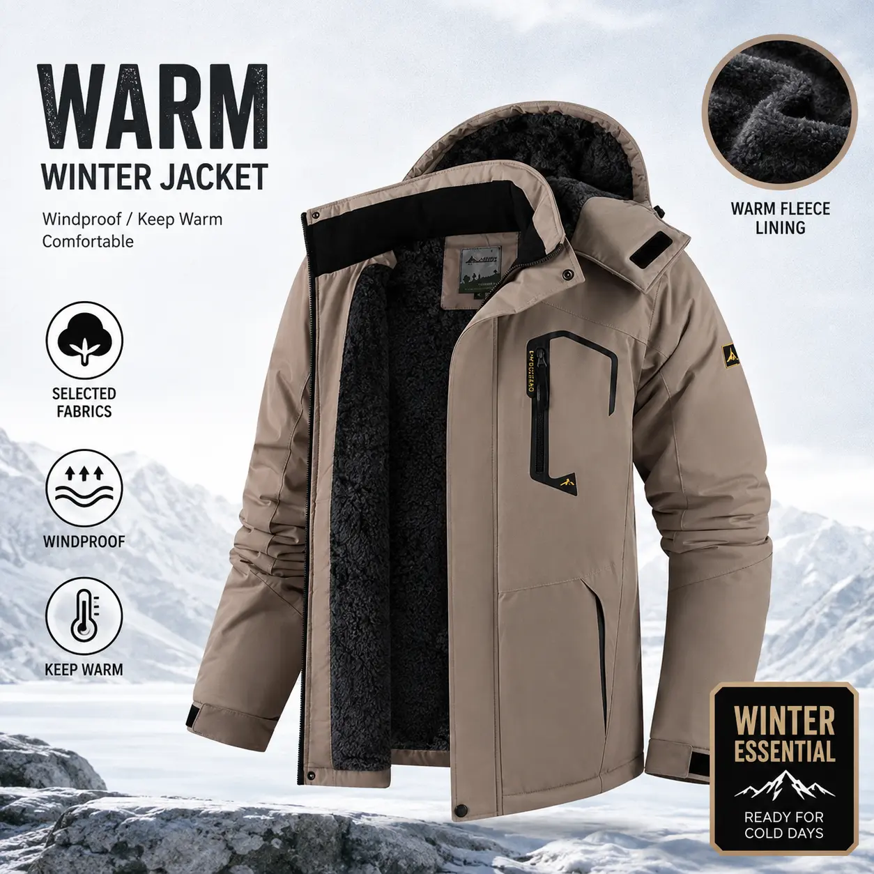 Men's Winter Snow Jacket Warm Fleece Lining Waterproof Windproof Hooded Thermal Outdoor Coat Thick Sports Hiking Jogging Camping Fishing Mountaineering Travel Ski Snowboard Casual Windbreaker Jacket collar coat