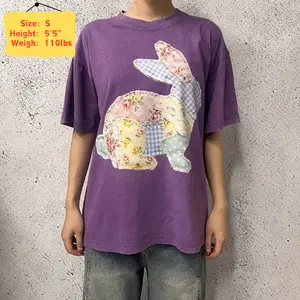Unisex Retro Cotton Graphic Short-Sleeve T-Shirt - Vintage Washed, Floral Patchwork Bunny Design, Everyday Wear