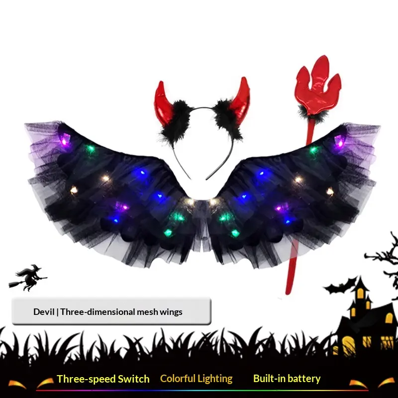 Halloween Children's Devil Wings Back Decoration Party Performance Props Black Mesh Luminous Decoration