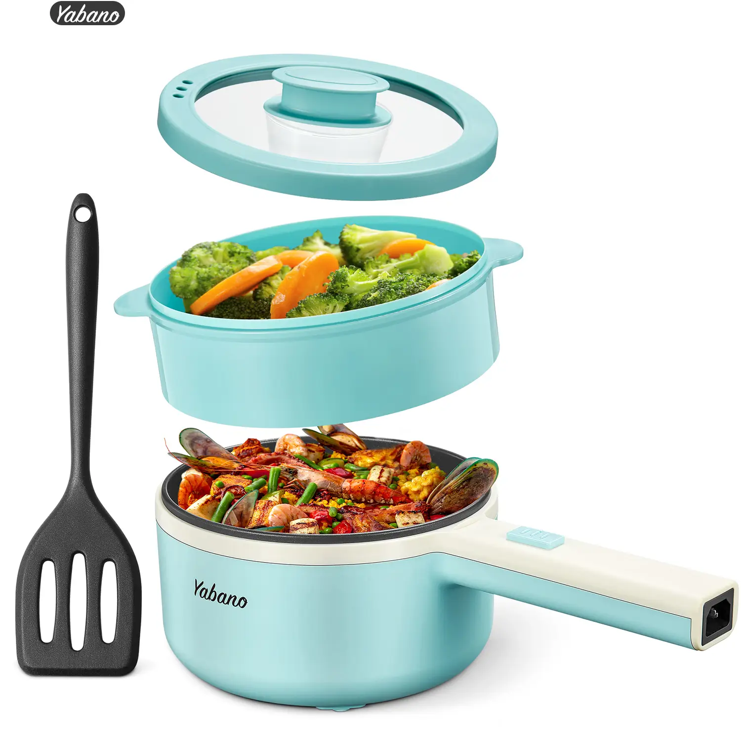 Yabano Electric Pot, 850W Non-Stick Electric Hot Pot with Steamer,1.6L Noodles Cooker with Dual Power Control, Portable Pot For Dorm, Office, Travel w