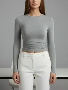 Women's Autumn Winter Casual Slim-Fit Knitted Long Sleeve T-Shirt Set, Side Ruched Design, Three-Piece Fashion Top for Daily Wear Knitwear