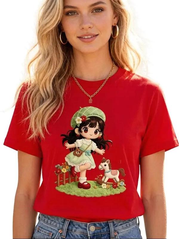 Women's Plus Size Classic Short Sleeve H-Type Cropped Crew Neck Backless Fitted Graphic T-Shirt - Vintage Retro Rocking Horse Print, Soft Lightweight Cotton Fabric, Cute Clothes, Casual Valentines Day Wear, Do Not Bleach