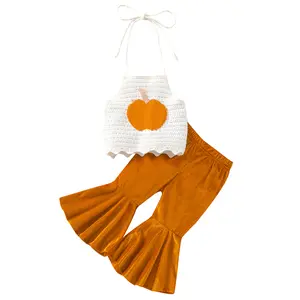 REDWOON Toddler Baby Girl Halloween Outfit Sleeveless Pumpkin Crochet Halter Crop Top Velvet Flare Bell Bottoms Pants Set