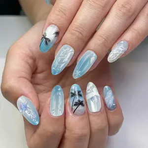 Women's Summer Beach Press On Nails Almond Fake Nails 3D Palm Tree Seashells False Nails