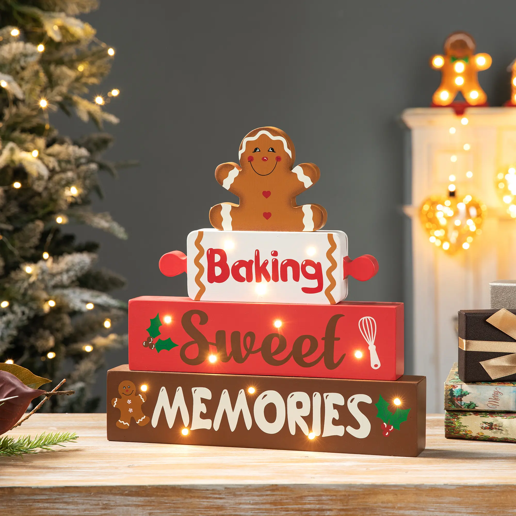 Glitzhome 12"H Lighted Wooden Christmas Gingerbread Man Block Table Decor