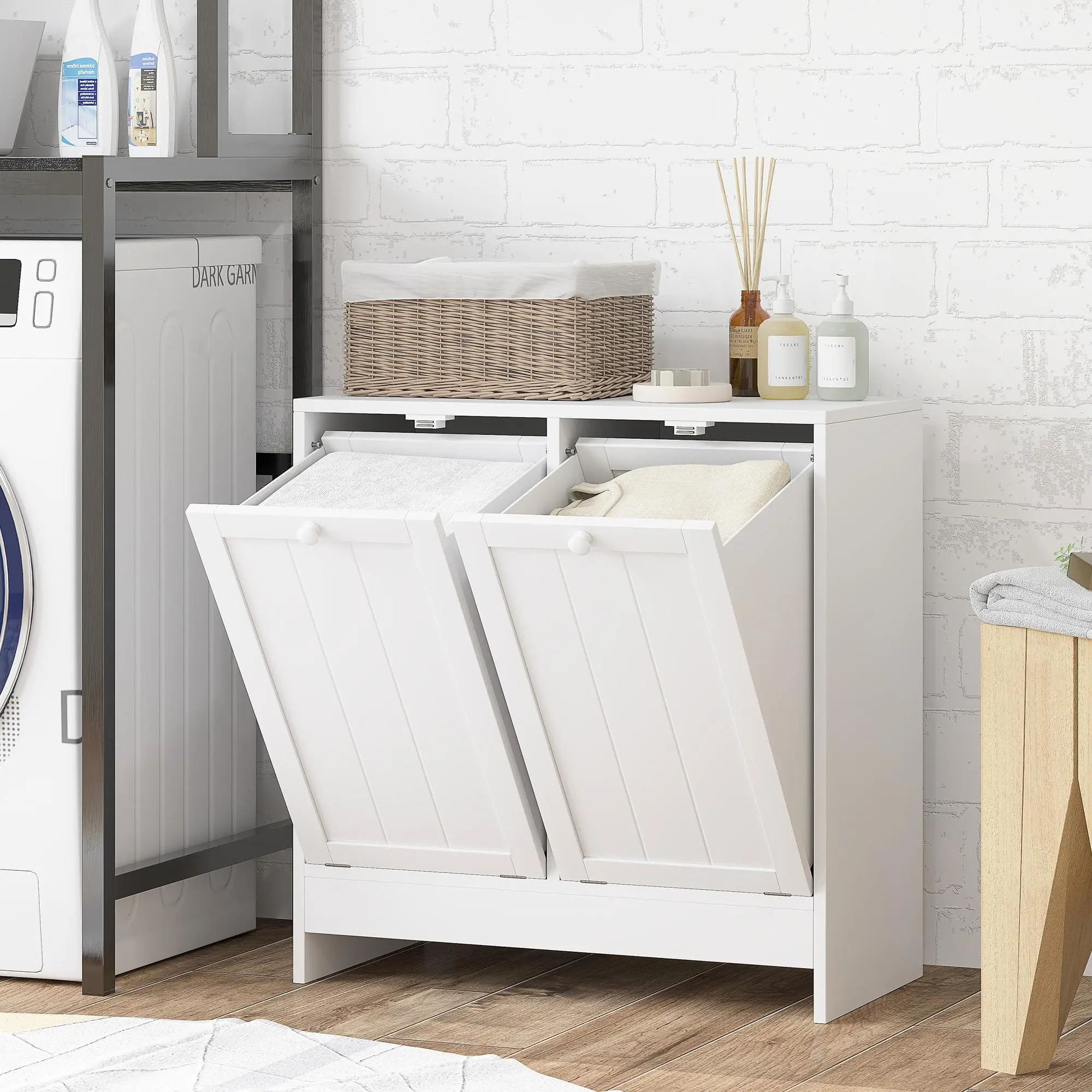 Kleankin Anti-Rollover Tilt-Out 2-Compartment Dirty Clothes Hamper - MDF Board Laundry Organizer, Easy to Clean, Assembly Required Modern Storage Cabinet for Bathroom, Everyday Use Home Laundry Tools