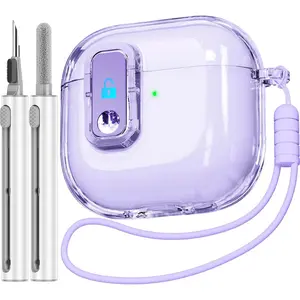 (with Safety Lock) Clear Case Compatible with AirPods 4th Generation Cases with Cleaner Kit,Soft TPU Transparent AirPods 4 Case,Full Protection Cover with Lanyard for AirPods 4 Gen (2024)(USB-C)Purple